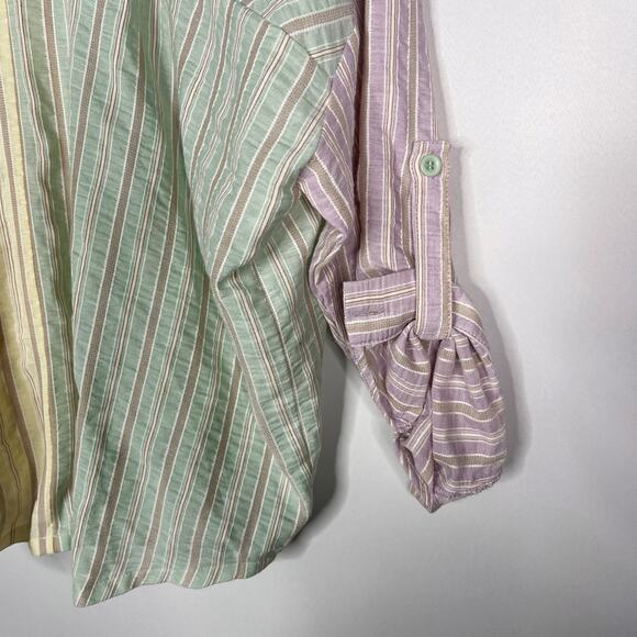 Fate Small S Yellow Green Pink Striped Button Down Shirt Patchwork V Neck V Back - Picture 6 of 10